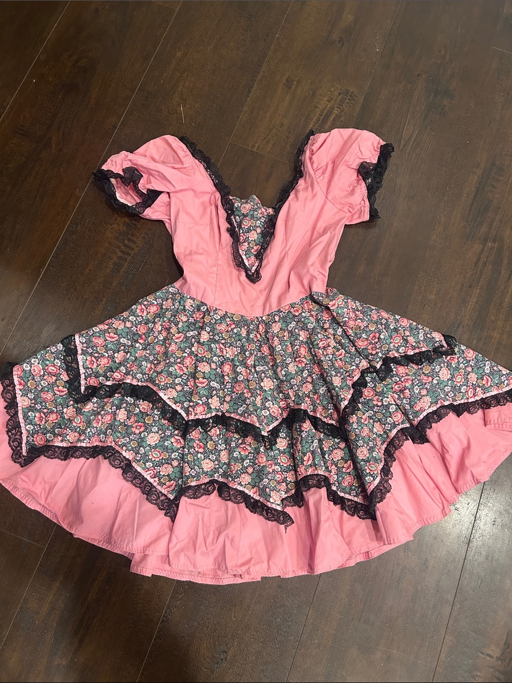 Vintage Pink Floral Ruffle Prairie Square Dance Dress Lace Trim